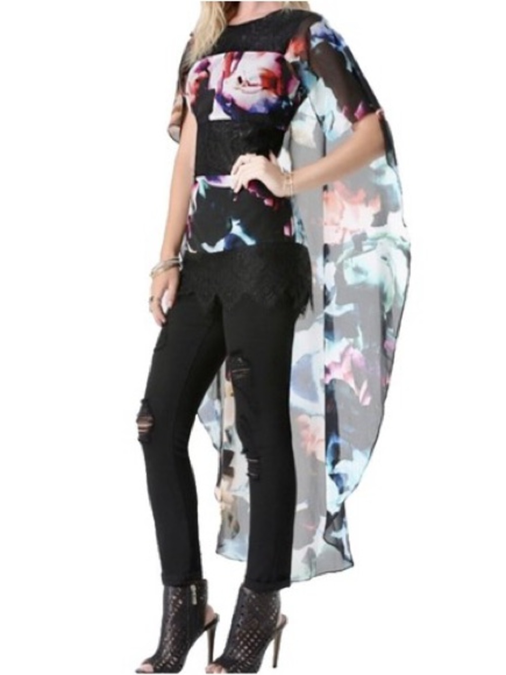 Bebe Multicolor Snowflower #1 Lace Panel Chiffon Tunic Capelet Blouse Size 4